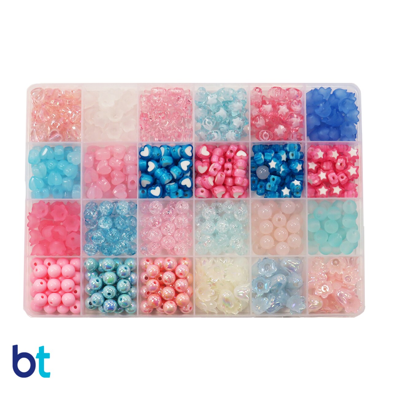 BeadTin Blue, Pink & White Mixed Shapes Plastic Beads (Box/24 Styles)